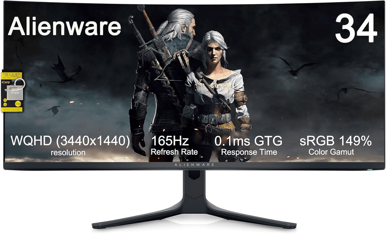 Dell Alienware 34 Curved QD-OLED Gaming Monitor - 34.18" WQHD (3440x1440) 21:9-165Hz - 0.1ms GTG - 1800R - DCI-P3 99.3% - sRGB 149% - AMD FreeSync Premium Pro - VESA AdaptiveSync Display - ICP Hub