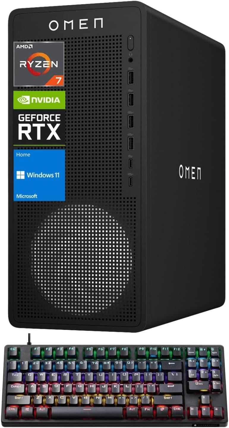 HP OMEN 16L Gaming Desktop, AMD Ryzen 7 8700F (Beats Intel i7-14700F), NVIDIA RTX 5060, 64GB DDR5 RAM, 2TB SSD, W11H, Music Production Workstation, Bundle with Thunderobot KG3089R Gaming KB