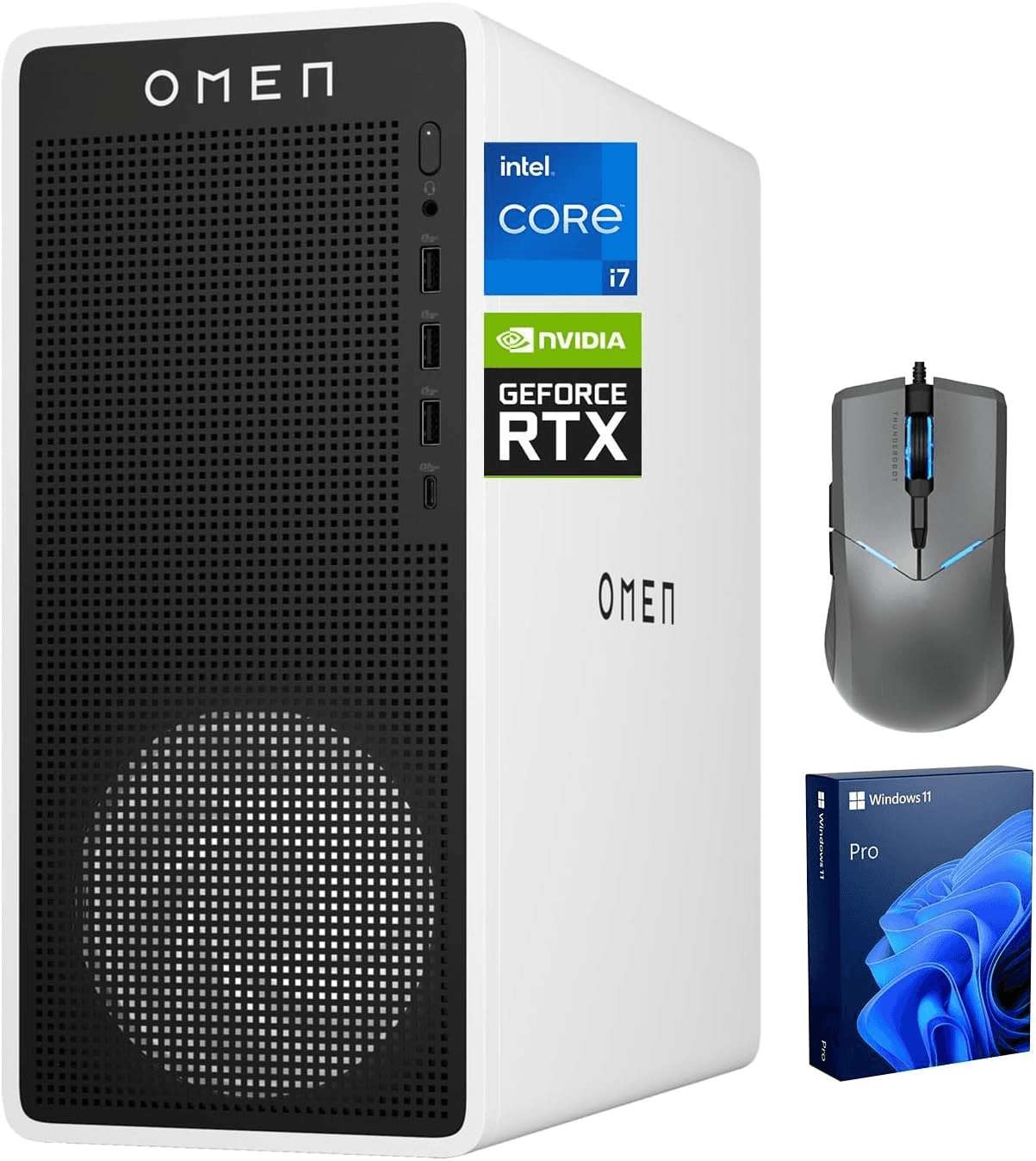 HP OMEN 16L i7 RTX 4060 Pro Gaming Desktop, Intel i7-14700F(Beats i9-12900F), NVIDIA RTX 4060, 64GB RAM, 2TB SSD, Wi-Fi 6, W11 Pro, RJ-45, White, Bundle Thunderobot MG701 Mouse